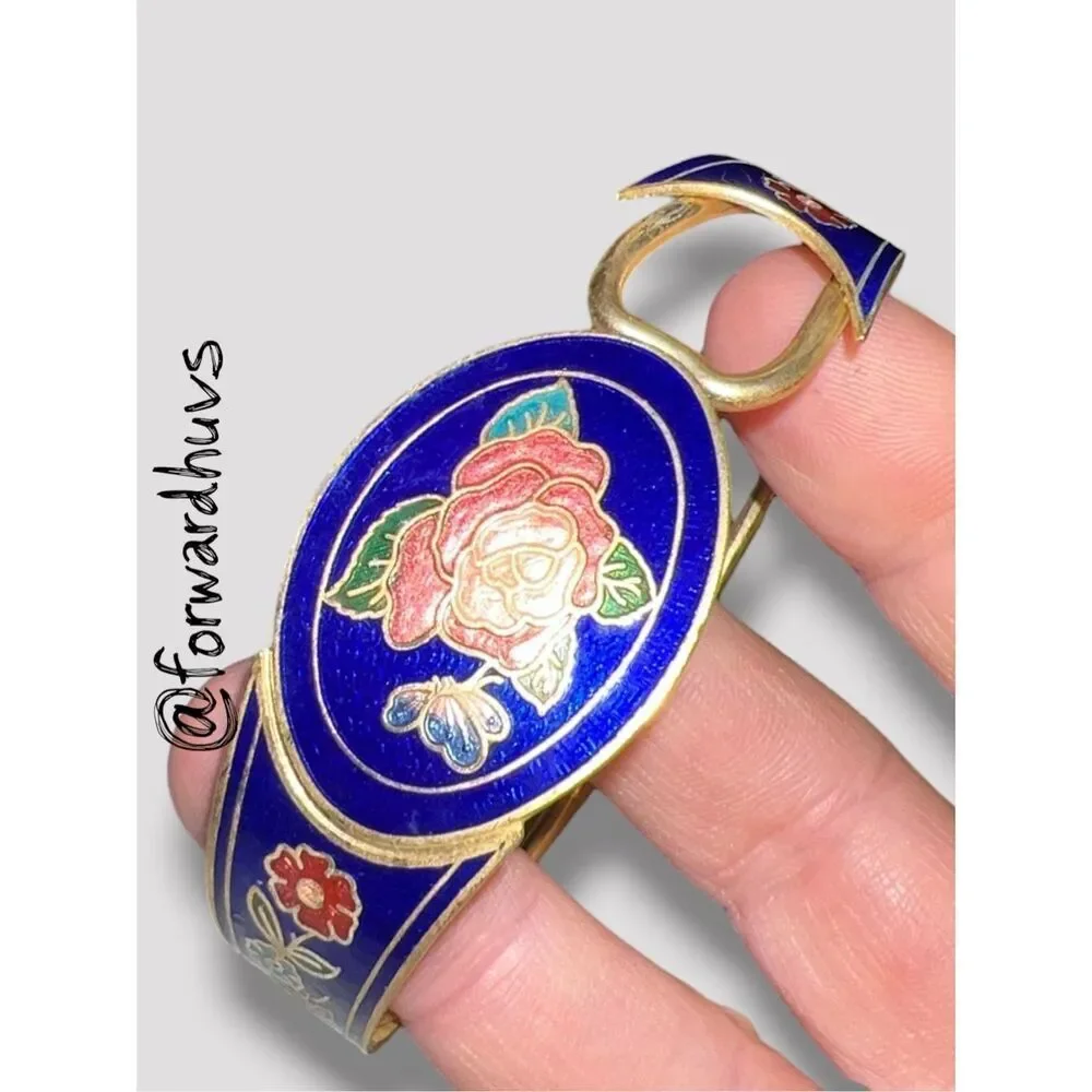 Vintage Cloisonné Clamper Flower & Butterfly Enamel Bracelet